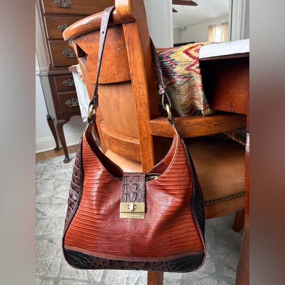 Brahmin Handbags - Brahmin Maggie Two Tone Brown Croc-Embossed Leather Hobo With Brass Hardware